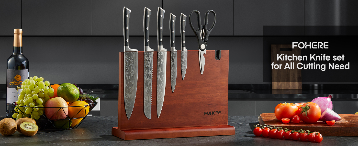 Набір ножів FOHERE 7 предметів: кухонний, для хліба, овочевий, з точилкою та магнітним блоком з нержавіючої сталі та дерева