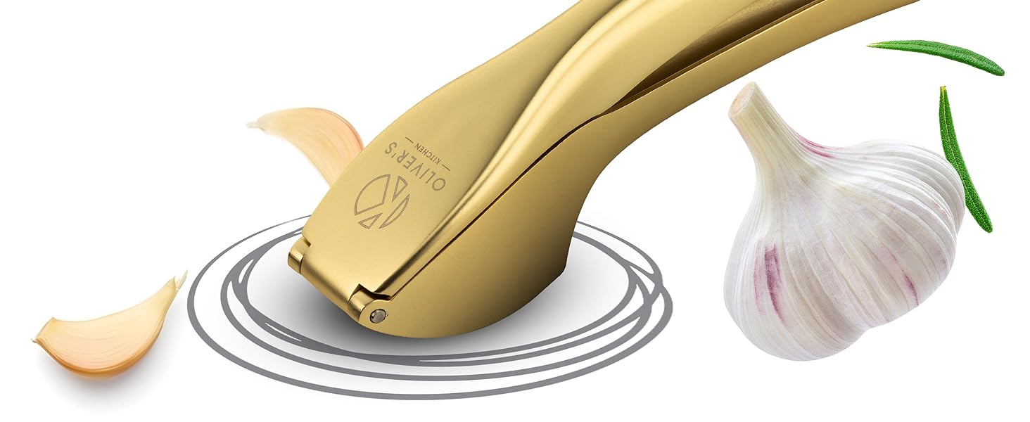 Преміум-прес для часнику Oliver's Kitchen® - зручний та легко миється - подрібнює часник та імбир без проблем (не потребує очищення) - надзвичайно міцний та зносостійкий (матова золота поверхня)