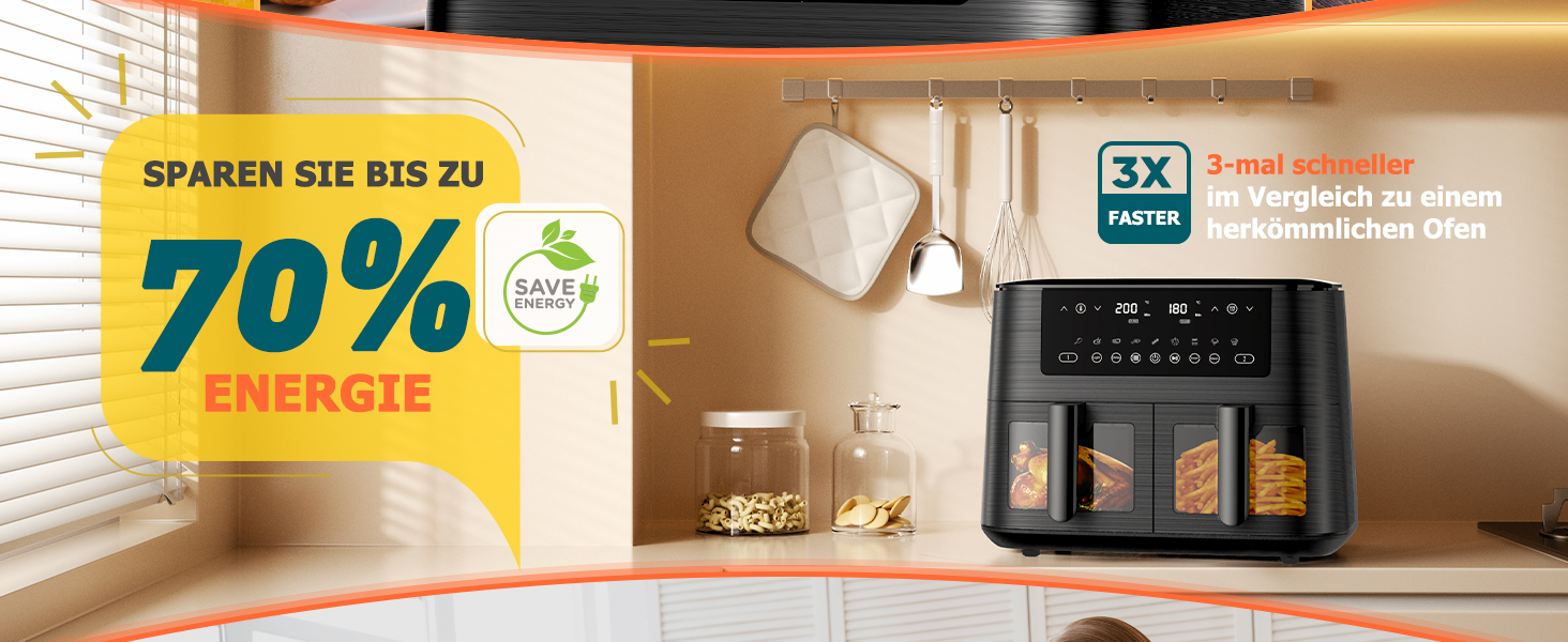 Фритюрниця повітряна з 2 камерами та скляним вікном, 9л, 9-в-1, сенсорний дисплей, кошики, що миються, антипригарне покриття, здорова фритюрниця без олії