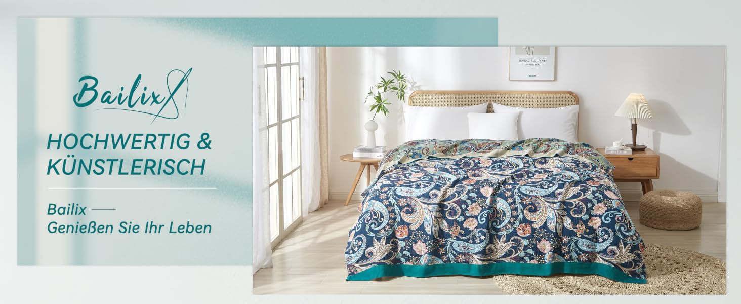 Преміум плед Bailix Boho з 100% бавовни, двостороння муслінова ковдра 200x230 см для дивана та ліжка, декоративна patchwork ковдра в стилі бохо, колір Indigo-traum