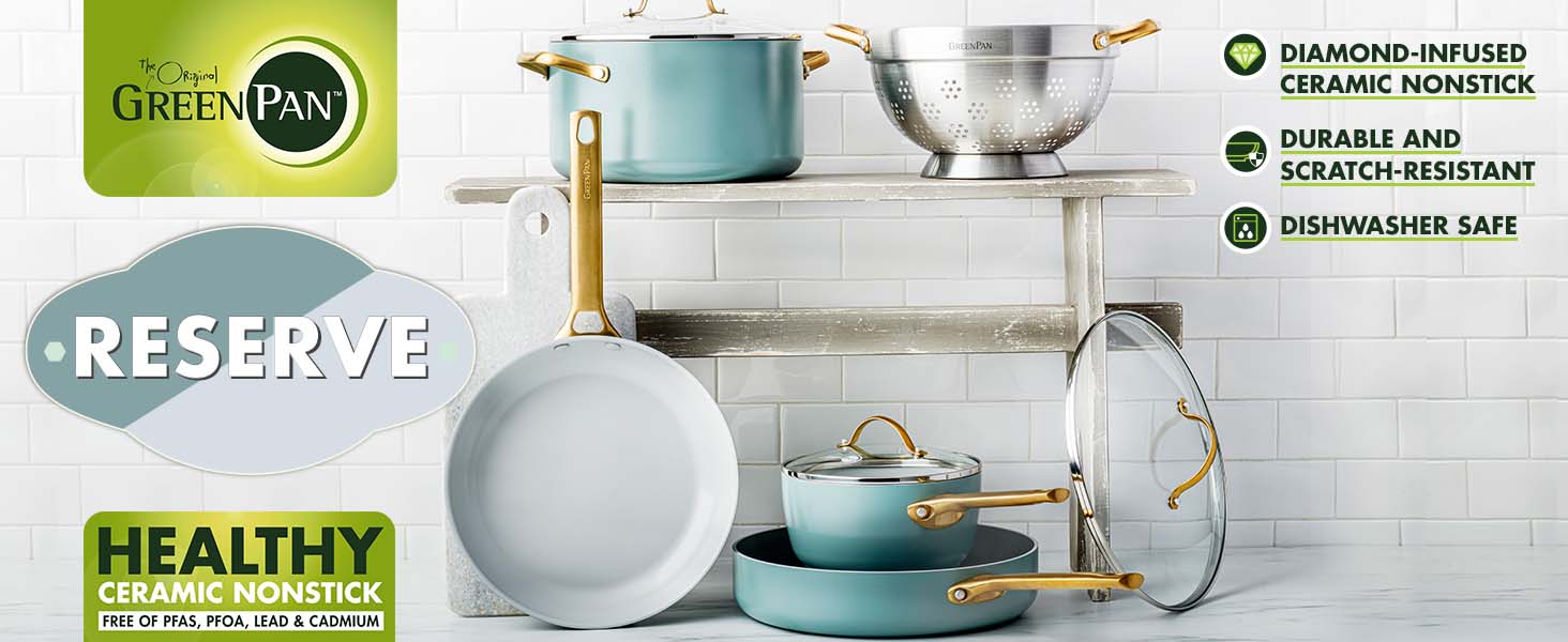 Каструля GreenPan Padova Reserve з нержавіючої сталі з антипригарним покриттям Hartelox, 18 см, 2 л, з кришкою з термостійкого скла, без PFAS, для індукційних плит, з золотим ручками, придатна для миття в посудомийній машині та випікання, колір Димчастий блакитний