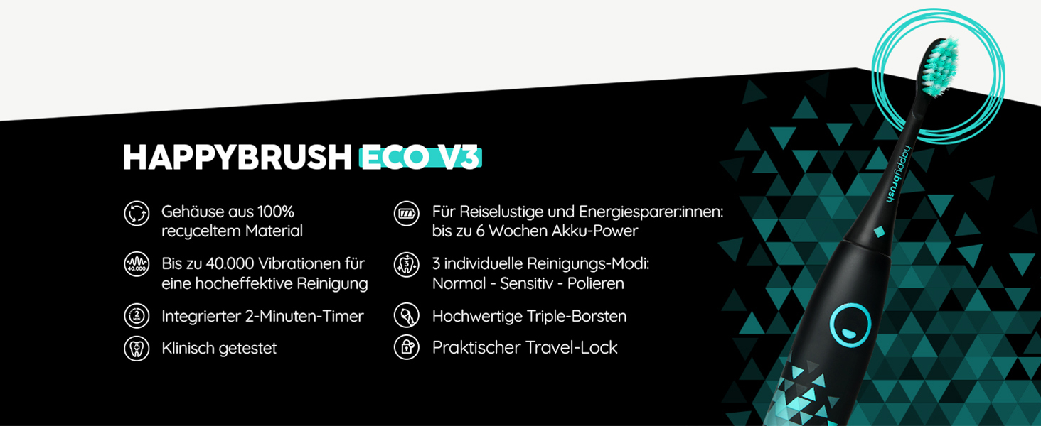 Електрична зубна щітка HappyBrush Eco Vibe 3+ – Чорний/М'ятний – 2 роки гарантії