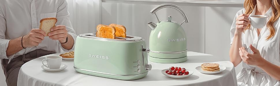 Тостер SWEISS Vintage GRV7 пастельно-зелений: 2 відділення, 6 режимів, для багетів, розморожування, нержавіюча сталь, 1500 Вт