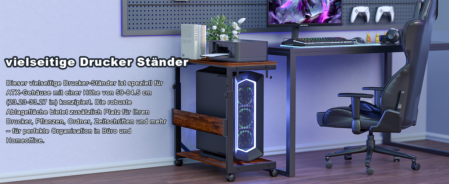 Регульована підставка для комп'ютерного блоку з 2 полицями та місцем для зберігання – для корпусів ATX, принтерів, з фіксуючими роликами (Темно-коричневий, B64 x T34 x H59-84,5cm)