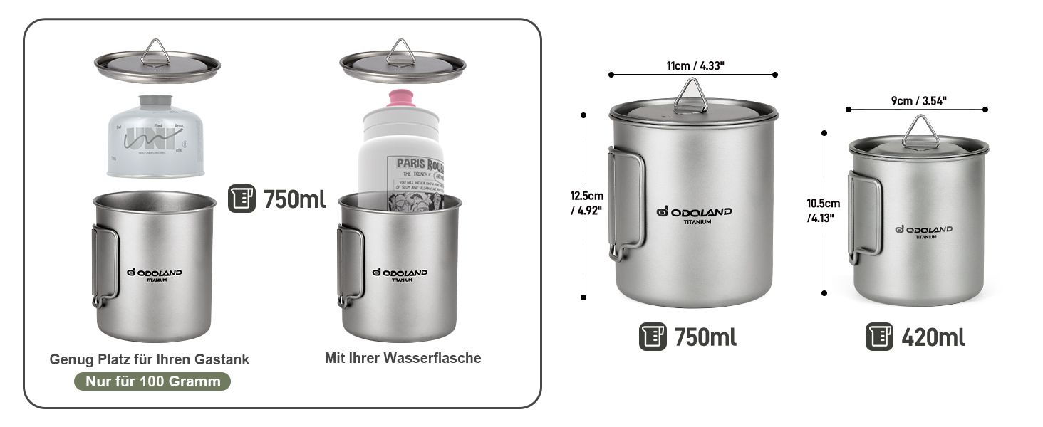 Набір кемпінгового посуду Odoland Titanium кружка 750 мл і 420 мл, кавова чашка з кришкою та свинкою, складна ручка