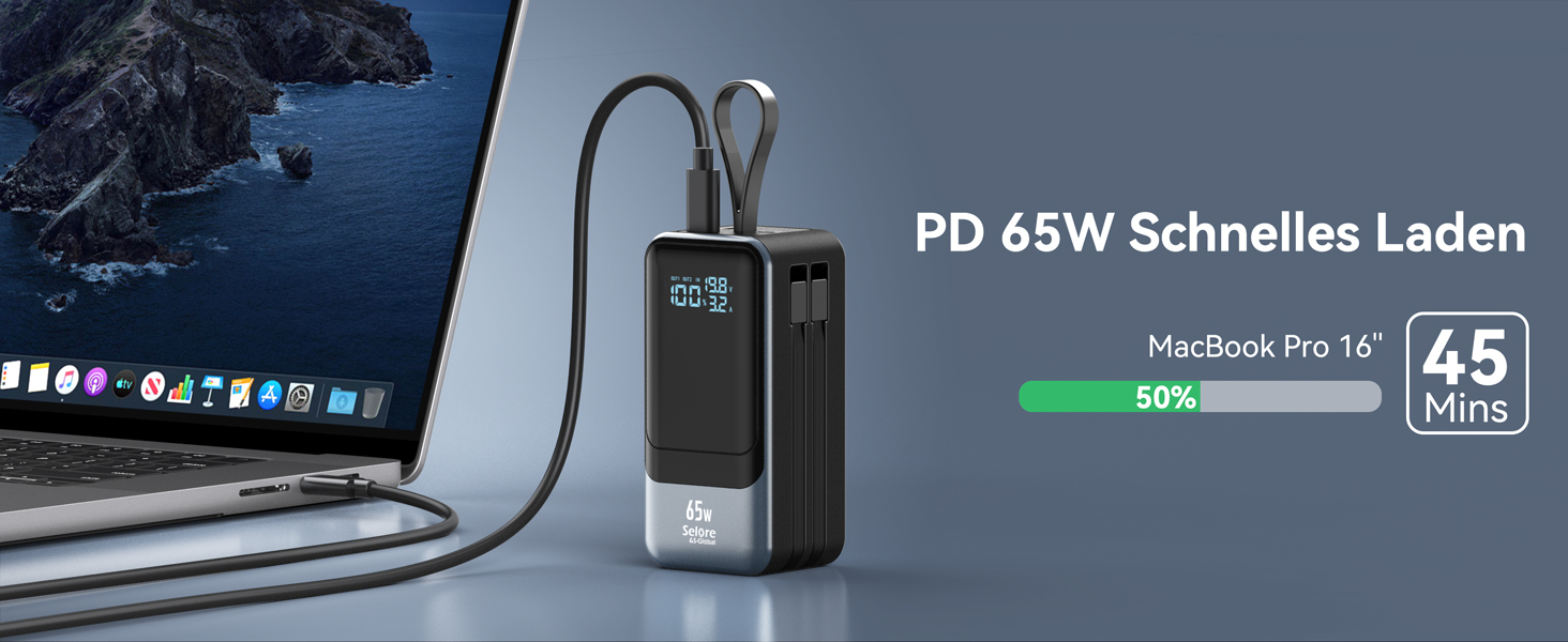 Power Bank Selore&S 65W з USB-C, 4 порти, для iPhone, Galaxy, MacBook, iPad, дронів, чорний