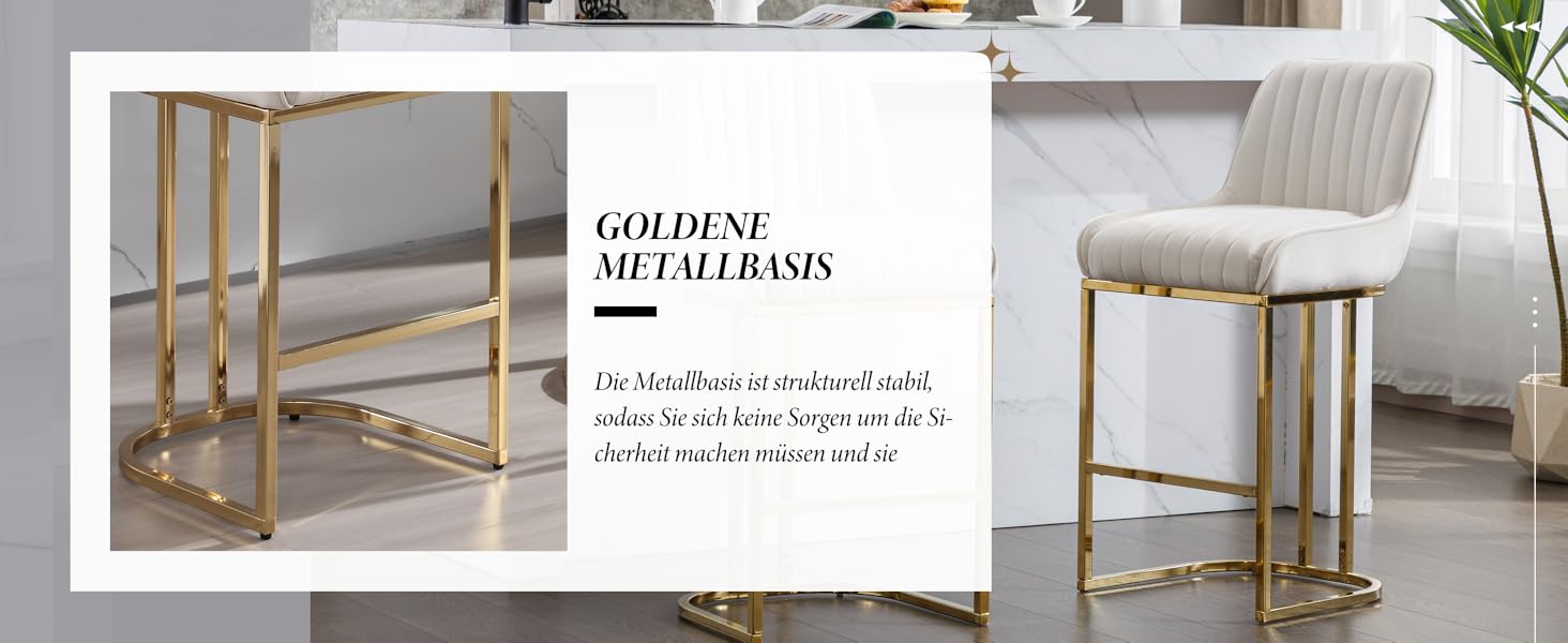 Набір з 2 барних стільців з велюру з золотистими ніжками, з підлокітниками та спинкою для кухонної стійки/домашнього бару (білий)