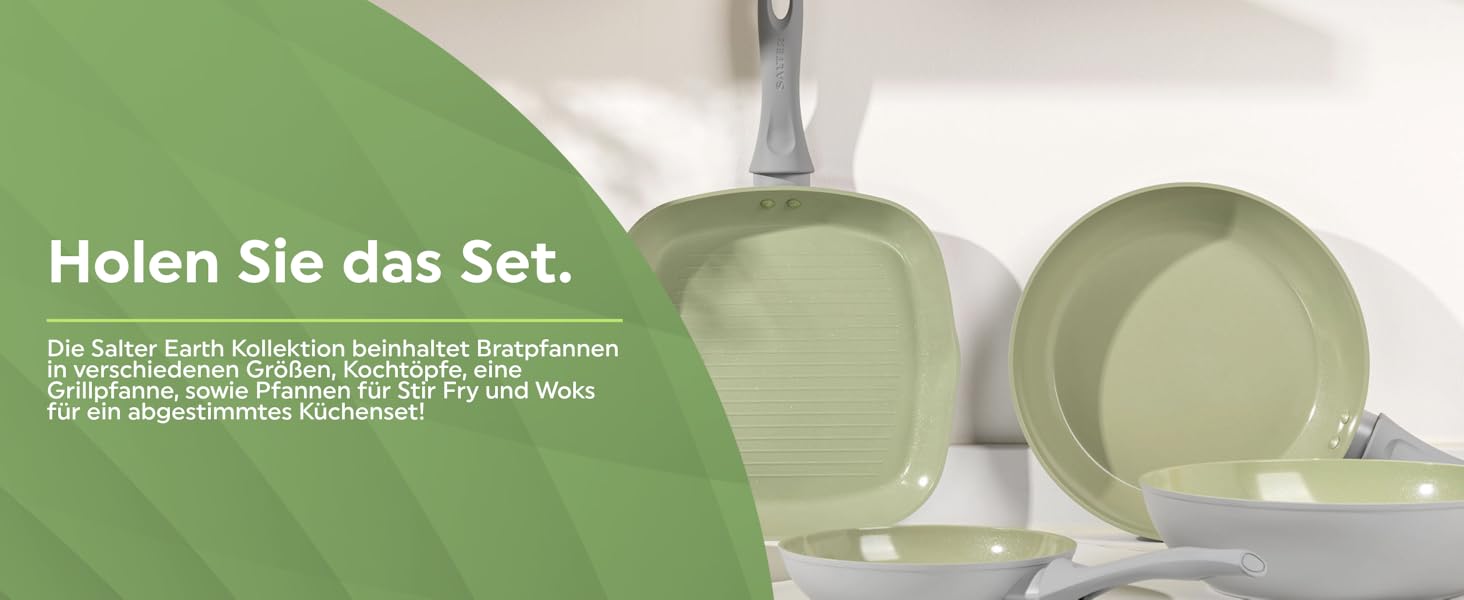 Сковорода-гриль SALTER Earth Grill 28 см з виливом, квадратна, для стейків, сумісна з індукцією, без PFAS/PFOA, алюміній з титановою основою, керамічне покриття, легко миється, з бакелітовою ручкою, зелена