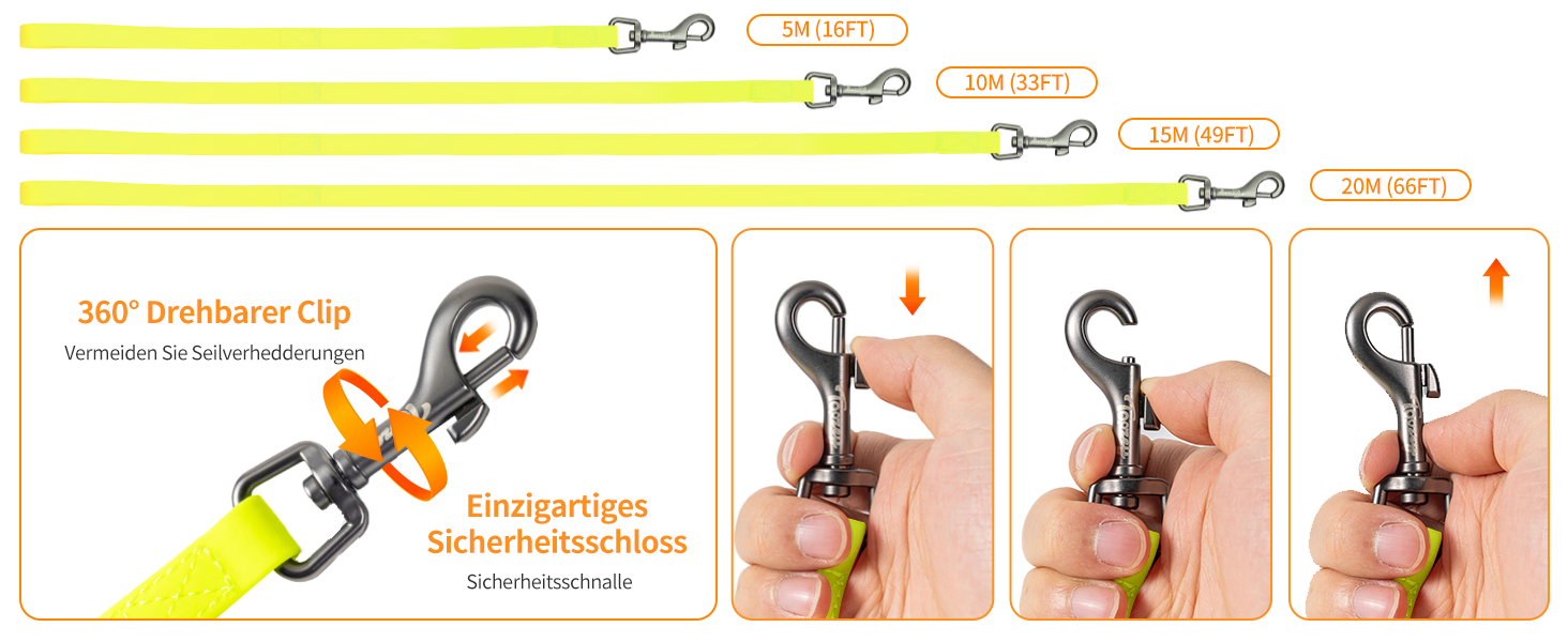 Повідець для собак Toozey, повідець для собак 3 м / 5 м / 7 м / 10 м / 15 м / 20 м з ремінцем на зап'ясті і сітчастою кишенею, водонепроникний повідець для дресирування великих і маленьких собак, міцний повідець для собак 10 м неоново-жовтий