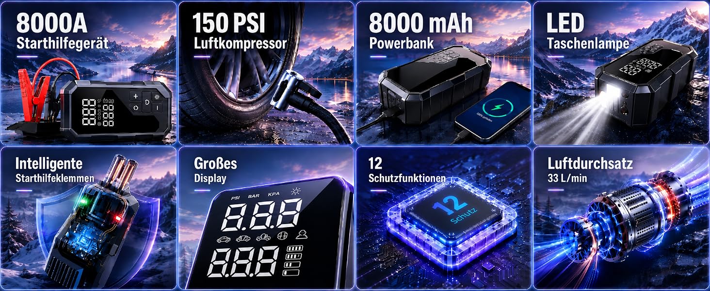 Пусковий пристрій (бустер) 8000A з компресором 150 PSI та Powerbank для бензинових та дизельних двигунів