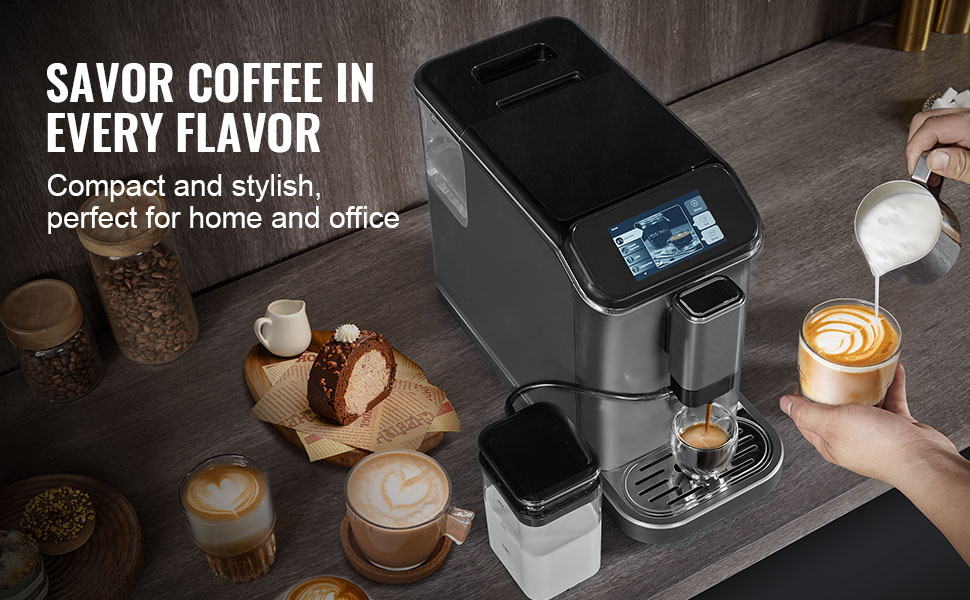 Автоматична кавомашина VEVOR CM9002A-GS з вбудованою кавомолкою, 15 ступенів помелу, резервуар для води 1.5 л, контейнер для зерен 180 г