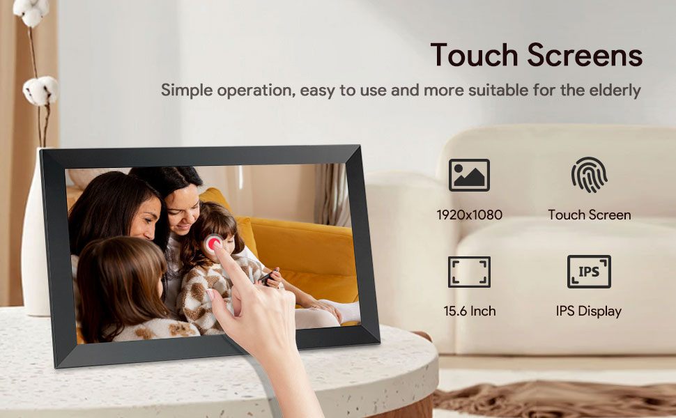 Frameo Цифровий фоторамка 15.6 дюймів, FHD IPS сенсорний екран, 32GB, Wi-Fi, автоматичне обертання, віддалене завантаження фото та відео, XL