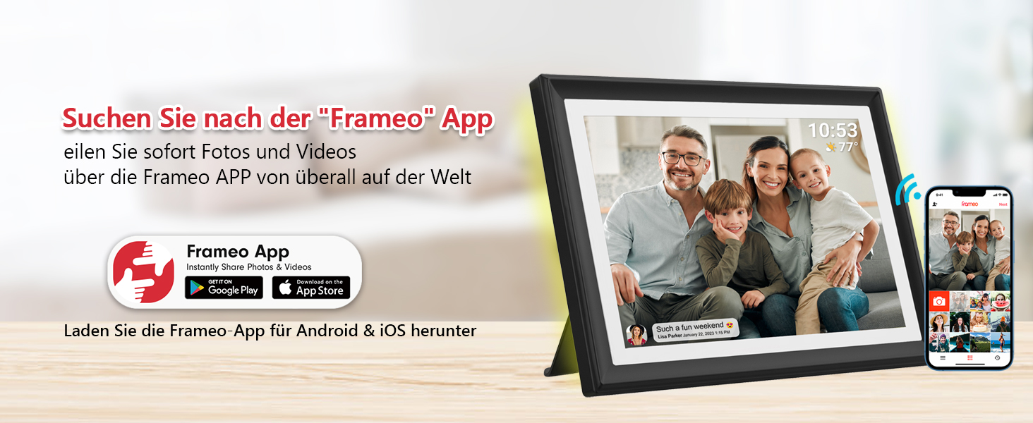 FRAMEO Цифровий фоторамка 15.6 дюймів WiFi, FHD 1920x1080, 32GB, IPS сенсорний екран, автоповорот, кріплення на стіну. Діліться фото та відео через додаток FRAMEO