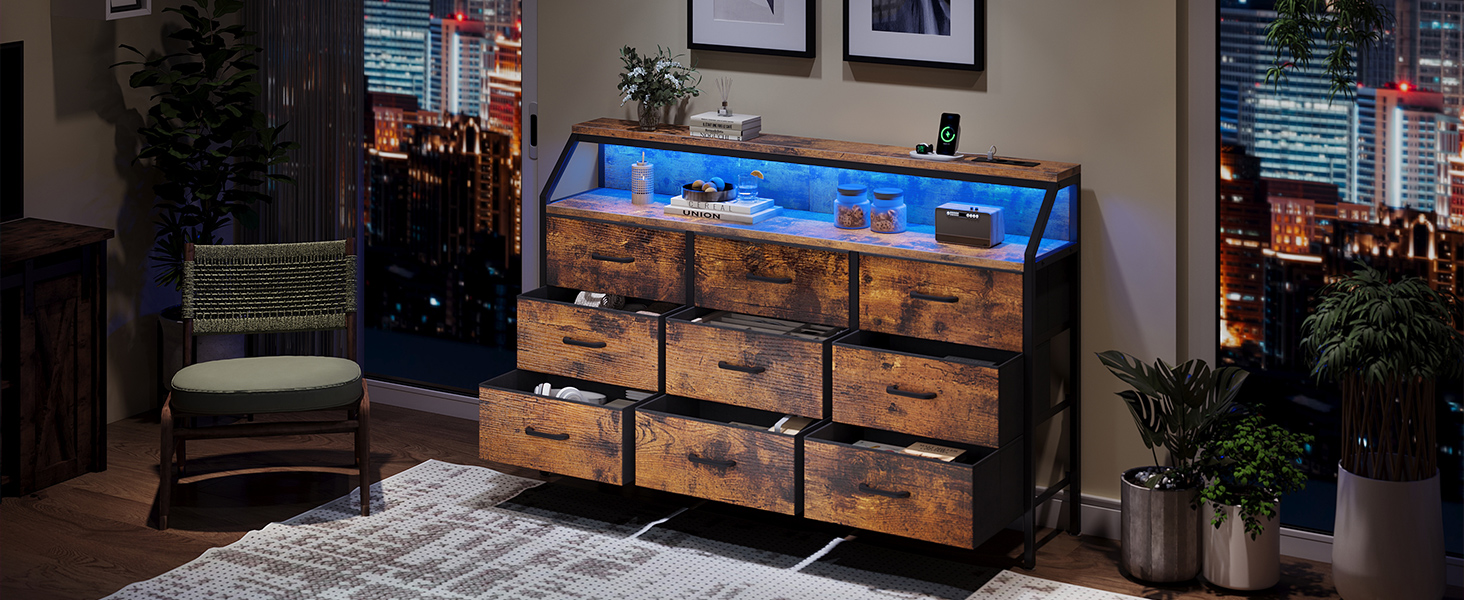 Комод ODK з висувними ящиками, 9 тканинних ящиків, 2 розетки, 2 USB-порти, LED-підсвітка, для спальні/вітальні, вінтажний стиль