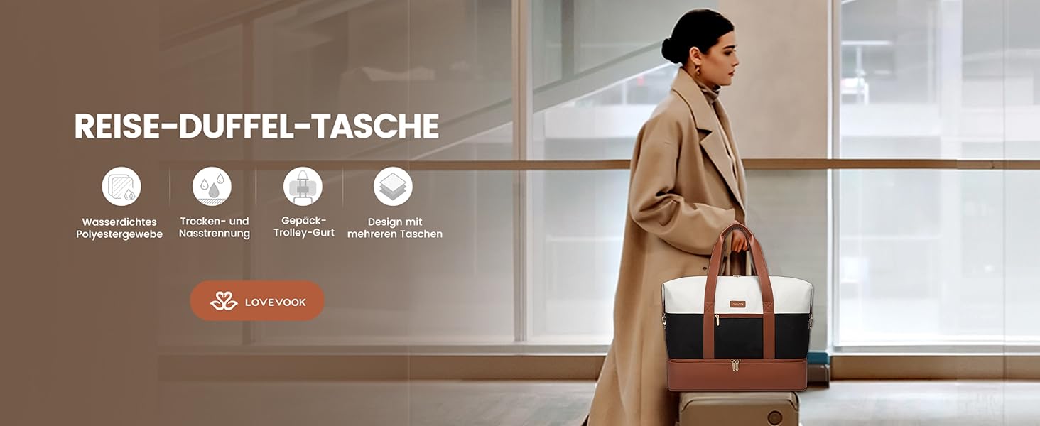 Спортивна сумка LOVEVOOK для жінок, дорожня сумка-валіза, дорожня сумка-мішок, сумка для подорожей, сумка для ручної поклажі в літак, сумка для пологового будинку, сумка для одягу з відділенням для взуття, косметичка, бежево-коричнево-чорна (чорна, 40x20x25см)