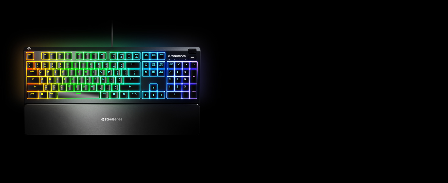 Клавіатура SteelSeries Apex 3 для ігор з RGB-підсвічуванням 10 зон, тихі ігрові клавіші, преміум підставка для зап'ястя, захист IP32, QWERTZ розкладка