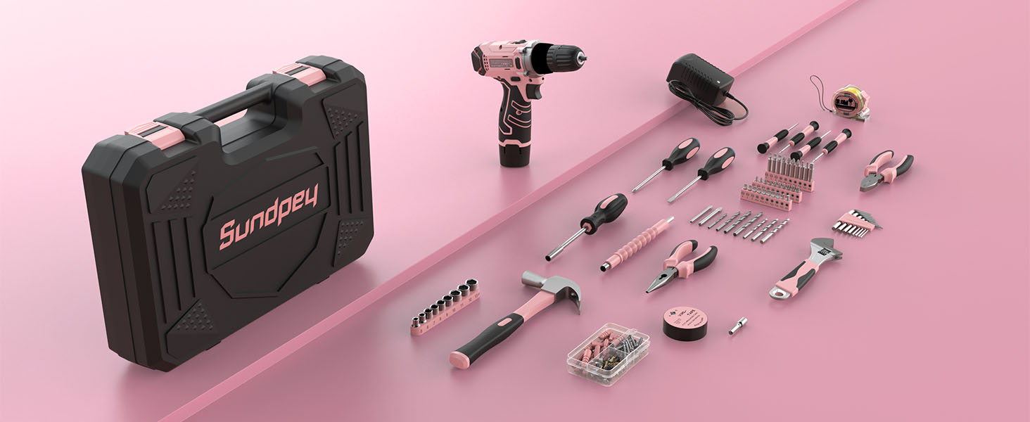 Набір інструментів Sundpey 206 предметів з акумуляторною викруткою 12V, рожевий – для дому та ремонту