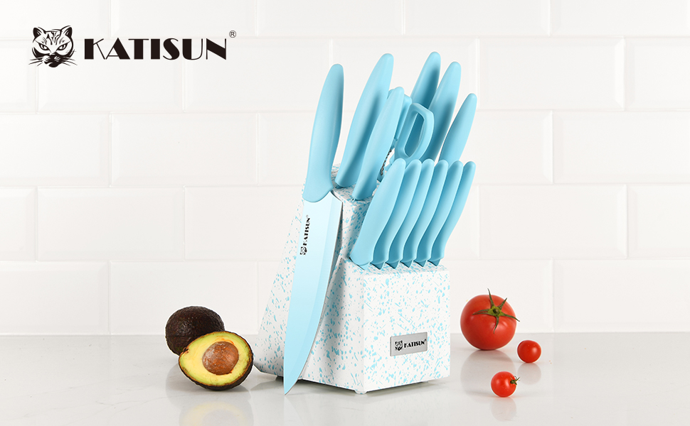 Набір кухонних ножів Katisun 16 предметів з японської сталі, з бруском для заточування, дощечкою та ножицями, кухонний набір для нарізки, шинкування та нарізання, безпечний для миття в посудомийній машині (14 ножів, синій/синій)