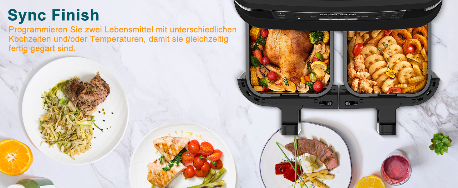 Подвійна фритюрниця без олії з 2 камерами, 10л, 8-в-1, сенсорний екран, таймер, XXL