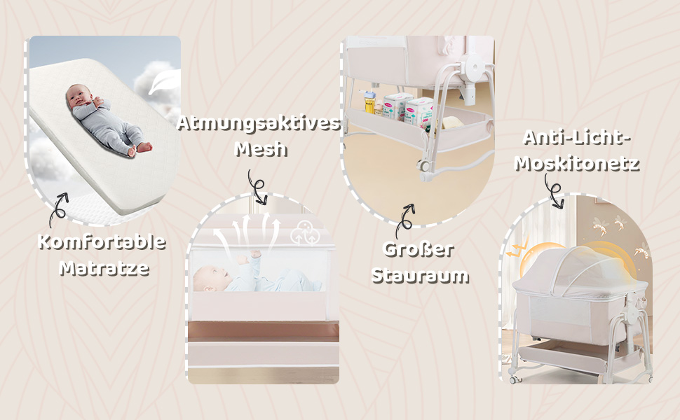 Дитяче ліжко-манеж 4 в 1 з регулюванням по висоті, з коліщатками та москітною сіткою, сірий колір