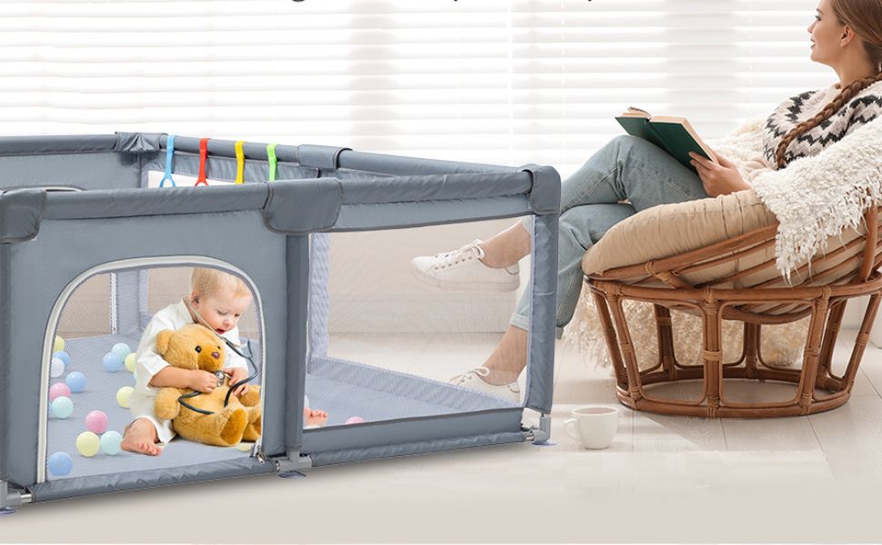 Дитячий манеж GLOKID 150 x 180 см з безпечним простіром для ігор, антиколізійні захисні бортики та дихаюча сітка, з м'ячиками та кільцями для гри (XWL 1218)