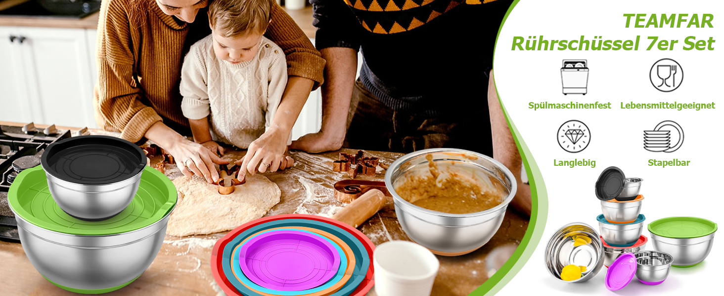 Набір мисок TEAMFAR з нержавіючої сталі: салатовники з кришкою та силіконовим дном (0.7-6.5л), 7 шт.