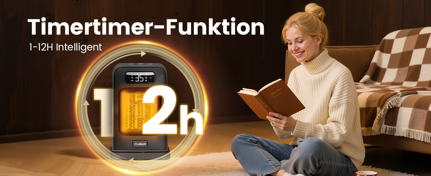 Електричний обігрівач 1500W з керамічним PTC нагрівачем, портативний з термостатом та ECO-режимом, 4 режими, цифровий дисплей, таймер 12 годин, тихий (35dB), чорний, 26 см