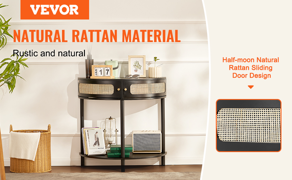 Консольний столик VEVOR з ротангу з натуральним ротанговим фасадом, 2 висувні ящики, чорний | для вітальні, робочого кабінету, передпокою