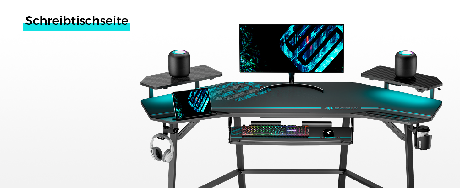 Ігровий стіл EUREKA ERGONOMIC 160x74 см - великий стіл у формі крила з 2 відсіками для iPad. Підходить для дому, офісу, стрімінгу. Чорний колір.