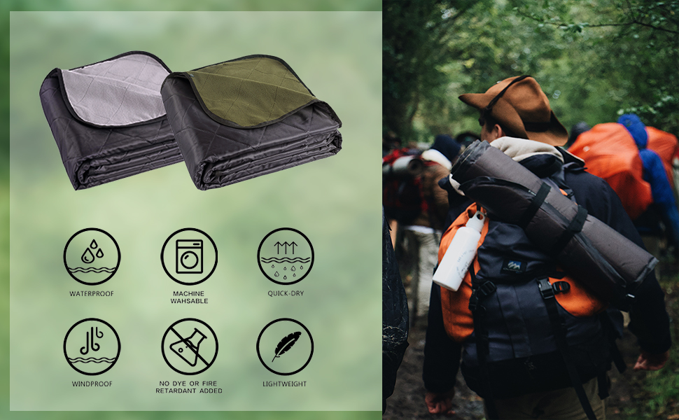 Водонепроникний килимок для пікніка ACUSHLA 200×145 см, 3-шарова підстилка для кемпінгу та пляжу з Оксфорду та флісу, компактна та стійка до піску, армійний зелений