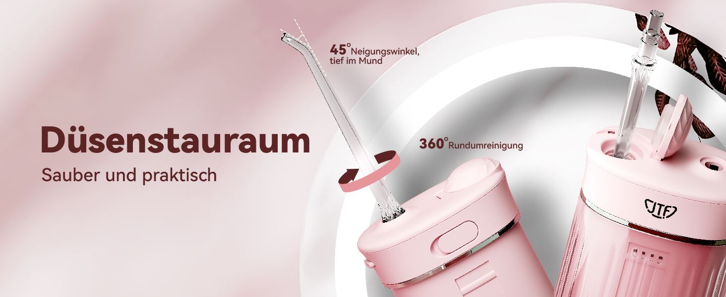 Портативний електричний іригатор для порожнини рота JTF Mini, бездротовий, для подорожей, з 5 насадками, 4 режими, 230 мл, водонепроникний (IPX7), рожевий