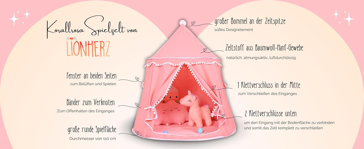 Дитячий намет LIONHERZ® DAS ORIGINAL: Принцесин замок з бавовни та льону | З фібергласовими стержнями та сумкою | Стабільний намет-тіпі для дівчаток (Кораловий рожевий, без аксесуарів)