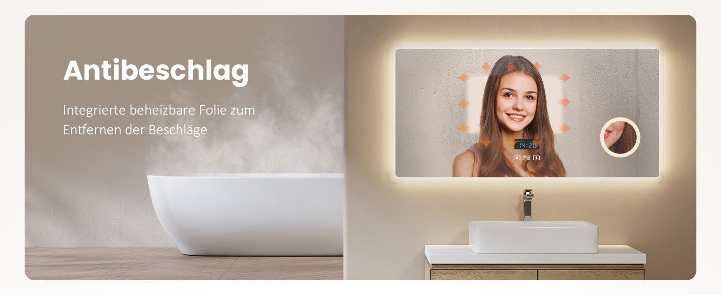 EMKE® LED дзеркало для ванної кімнати 80x60 см з підсвічуванням, регулюванням, годинником та Bluetooth, IP44, 3 кольори світла