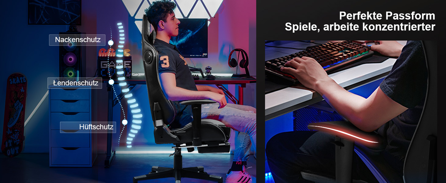 Ігровий крісло GTPLAYER з підніжкою, динаміками та Bluetooth, чорно-сірий офісний/комп'ютерний стілець для дому та офісу
