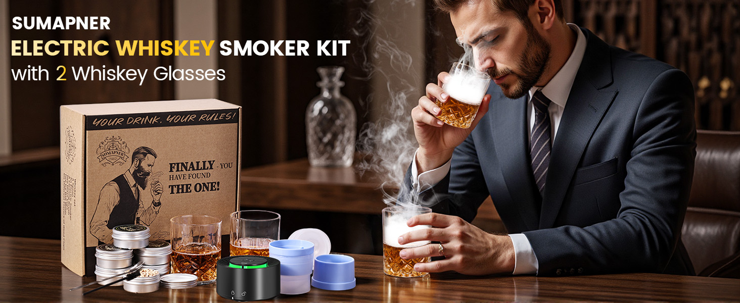 Набір для копчення коктейлів віскі: 6 смаків тирси, 2 склянки, форми для льоду, для віскі Old Fashioned, подарунок для чоловіків