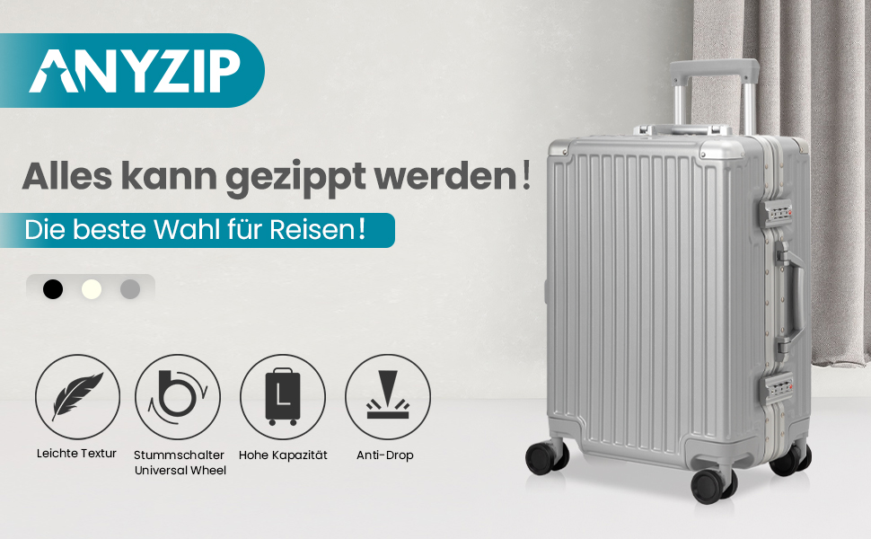 Жорстка валіза для ручної поклажі AnyZip з алюмінієвою рамою, 4 колеса, замок TSA, сріблястий, M-20inch