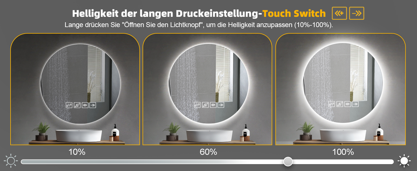 Дзеркало Bellanny LED з підсвічуванням 60 см | Настінне дзеркало для ванної кімнати, дзеркало для макіяжу | Дзеркало для макіяжу з сенсорним вимикачем, 3 кольори світла, регулювання яскравості, проти запотівання, IP44, горизонтальне/вертикальне (Bluetooth)