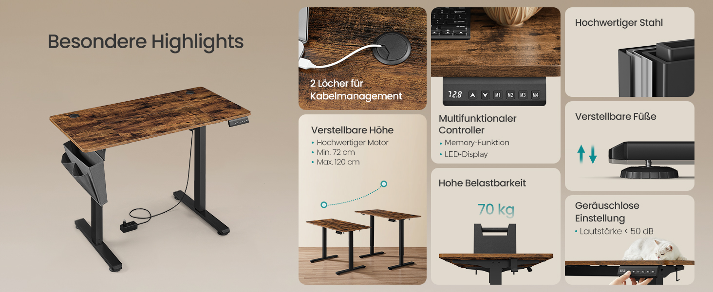 SONGMICS Електричний стіл для роботи, 120x60 см, регулювання висоти, пам'ять на 4 положення, для офісу, вінтажний коричневий, LSD132K01