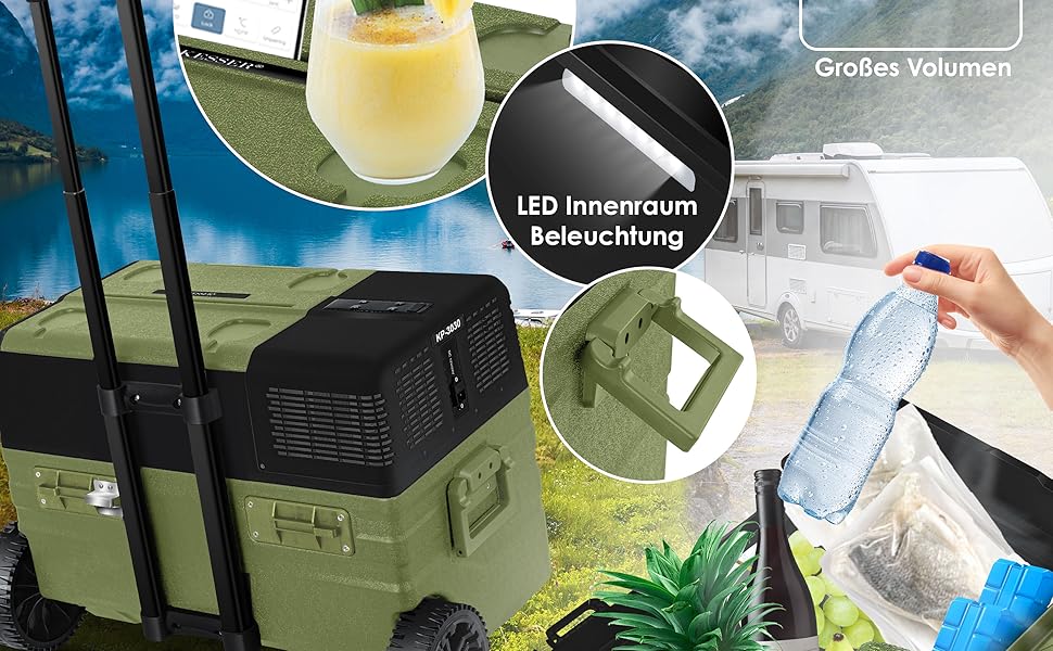 Автомобільний компресорний холодильник KESSER 42L з Wi-Fi, 12/24/230V, до -20°C, з колесами та телескопічною ручкою для кемпінгу, фургонів, вантажівок + 2 акумулятори холоду (52л, Хакі)