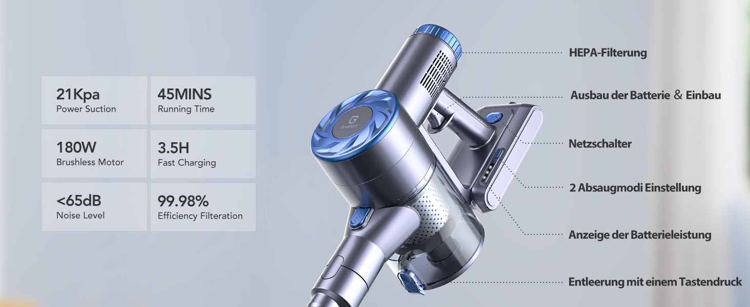 Акумуляторний пилосос Greenote, 21000 Па, бездротовий, легкий, настінне кріплення та світлодіодна щітка, 45 хв, тихий, для твердої підлоги, килимів, шерсті домашніх тварин