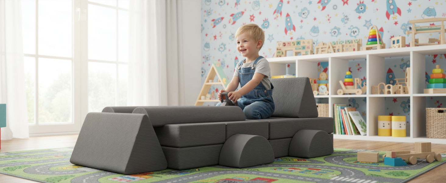 Модульна дитяча кушетка-конструктор MAMIZO Spielsofa Cord, 15 елементів, сірий колір. Кушетка для ігор та відпочинку, екологічна тканина Oeko-Tex, для дитячої кімнати.