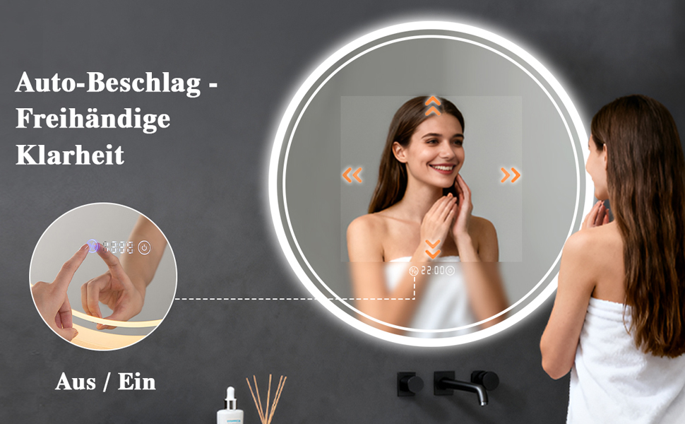 LED дзеркало для ванної кімнати з підсвічуванням 40x60 см - проти запотівання, 3 кольори, регулювання яскравості, подвійний сенсорний вимикач, пам'ять вимкнення, для ванної/туалету - горизонтальний/вертикальний монтаж