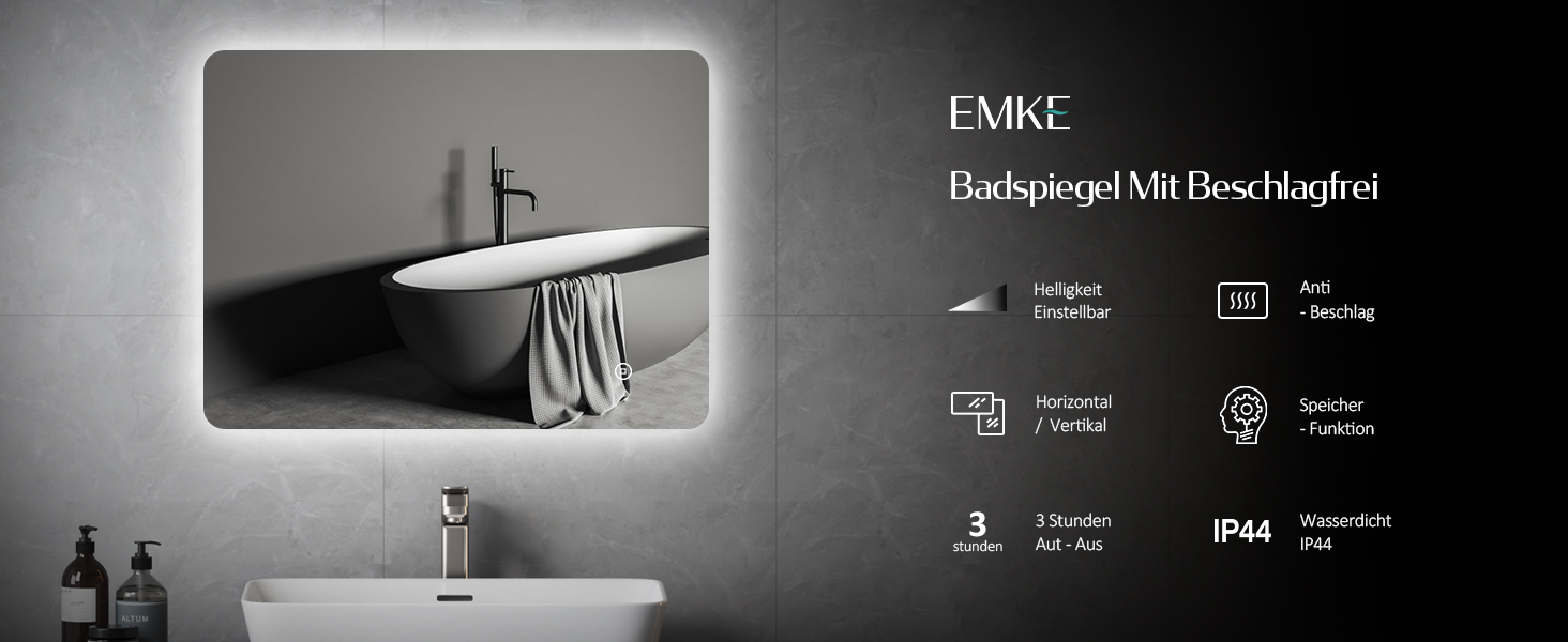 Дзеркало для ванної кімнати EMKE з підсвічуванням 80x60 см, сенсорне, проти запотівання, регулювання яскравості, функція пам'яті, холодний білий 6500K, енергозберігаюче