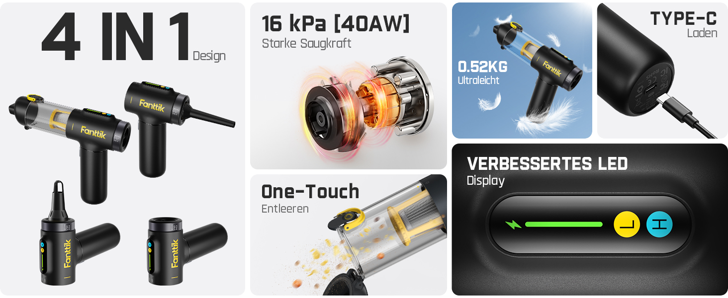 Бездротовий автомобільний пилосос Fanttik Slim V10 Mix 4-в-1, потужність 16 кПа, з LED-дисплеєм та функцією обдуву для авто, офісу та клавіатур