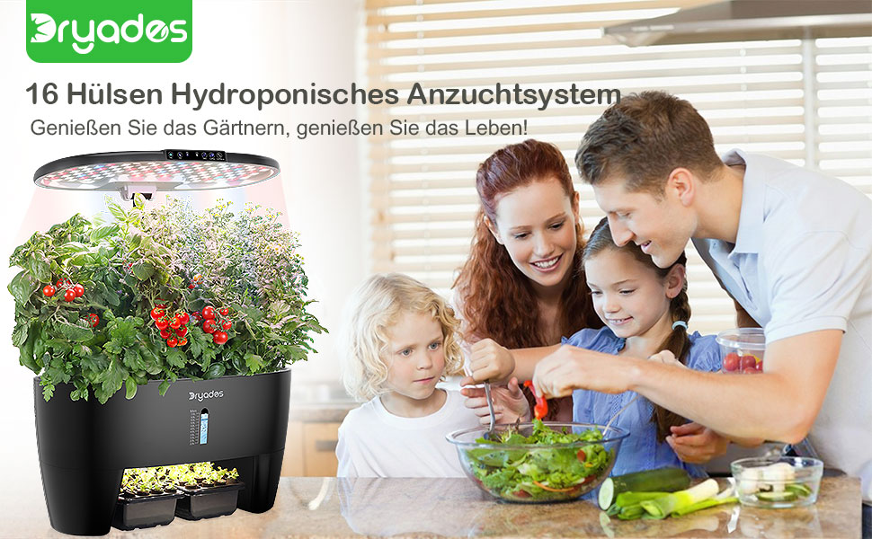 Гідропонна система вирощування: 8 горщиків, 24W LED лампа повного спектру з сигналом про нестачу води | Внутрішній сад для кухні, вітальні, школи | Подарунок для любителів садівництва (16 горщиків - Чорний)