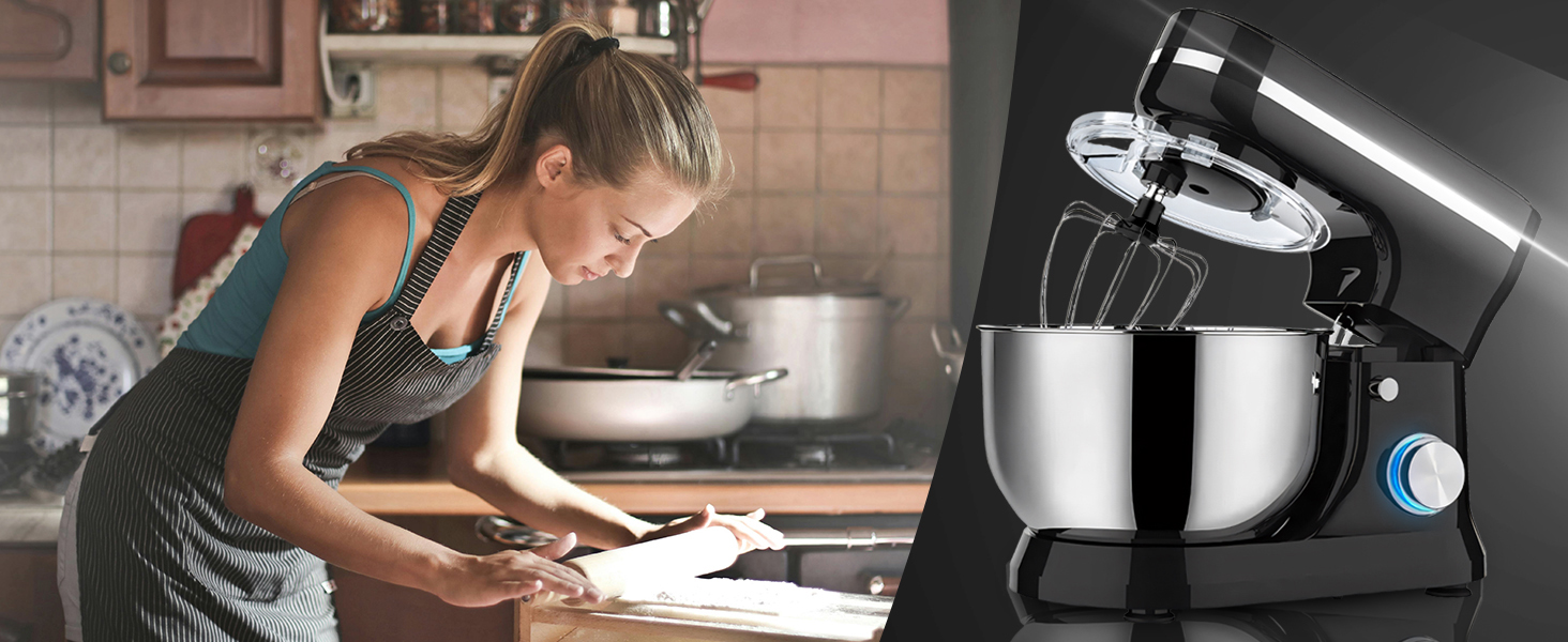 Кухонна машина Retoo 3-в-1 з нержавіючою чашею 6 л, 2000 Вт, 6 швидкостей, планетарний міксер, вінчик, гак для тіста, захист від бризок