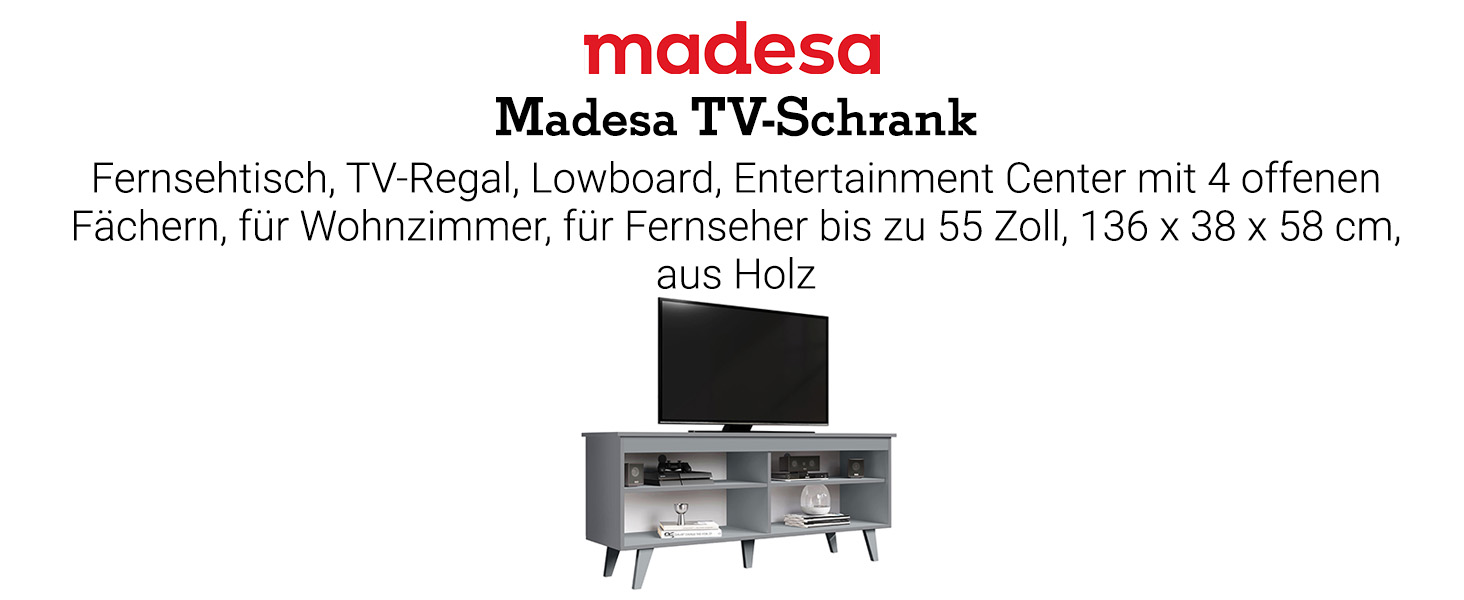 Тумба під TV Madesa, телевізійна тумба для телевізора до 55 дюймів, для вітальні та спальні, 136 x 38 x 58 см, з дерева (136 x 58 x 38 см, сіра)