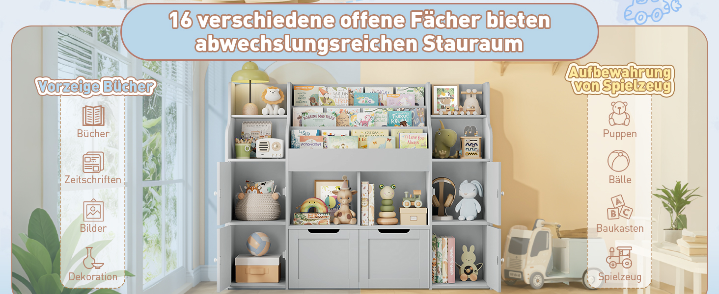 FOREHILL Поличка для іграшок та книжок у дитячу кімнату з дерева, сіра, 122 x 30 x 100 см