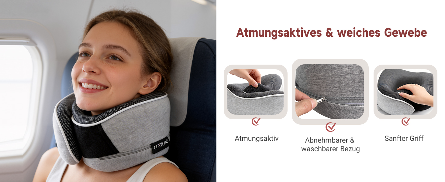 Подорожня подушка для шиї COSYLAND з ефектом пам'яті (Memory Foam) для літака та авто, ергономічна підтримка 360°, регульована, сіра (набір: чохол, маска для сну, беруші)