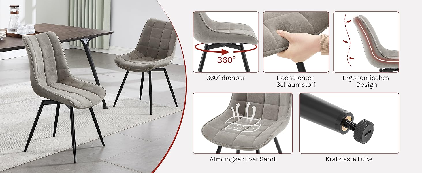 Крісла для їдальні WOLTU, набір з 4 шт., обертаються, для кухні, вітальні, з м'яким сидінням з велюру, металеві ніжки, сірий колір